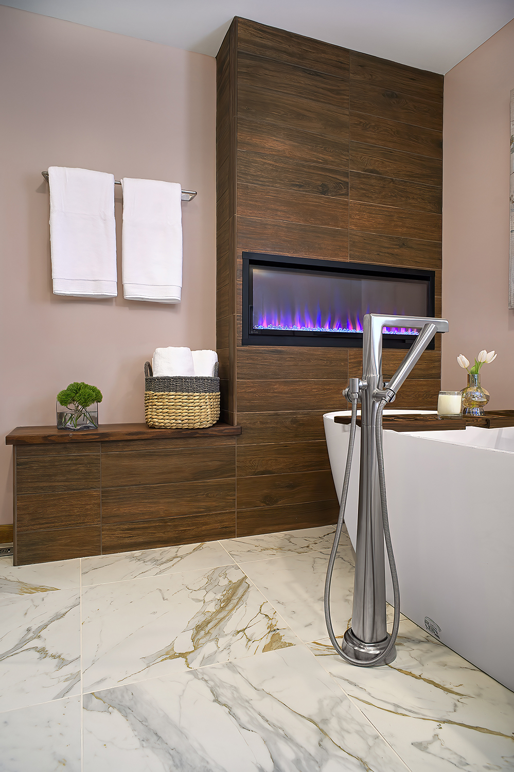 linear fireplace in bathroom