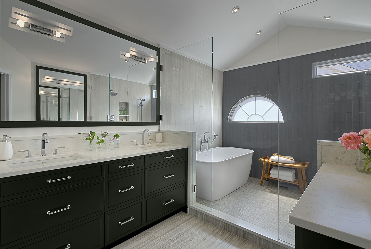 Wet room with soaking tub in Gurnee primary bath remodel by Michelle's Interiors