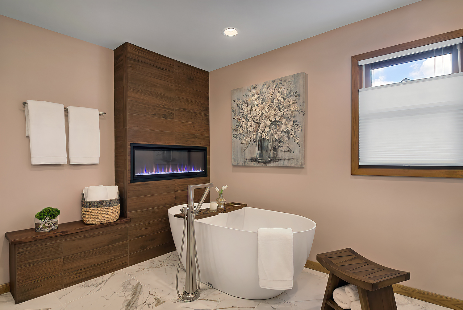 zen-like bath with soaking tub and fireplace